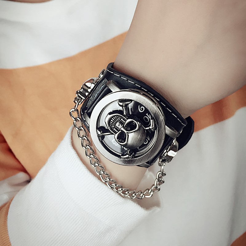 Jewelry Type Watches - メンズレザーステンレススチールリストウォッチ、チェーンフラップ、スカルヘッド、パンク、ハロウィーン、新しい