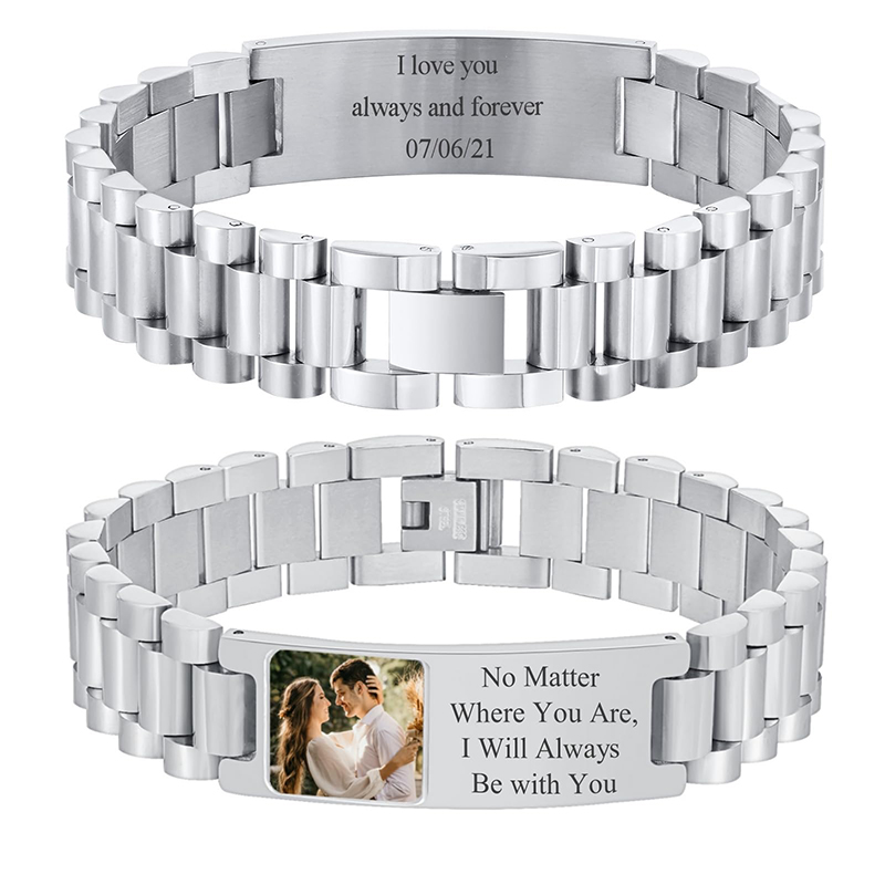 Jewelry Type Watches - カスタム画像テキストブレスレット時計バンドステンレス鋼リンクブレスレットカスタム彫刻写真/テキスト/名前ブレスレットジュエリー男性用