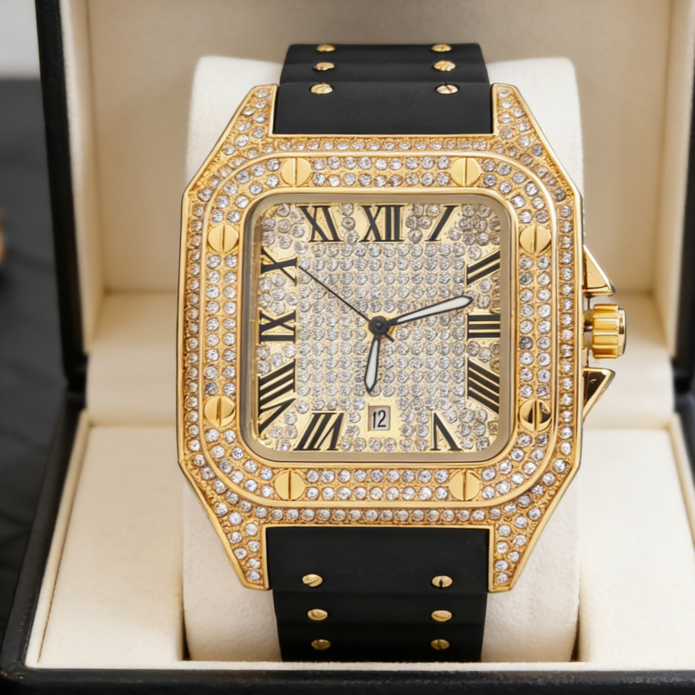 Jewelry Type Watches - ヒップホップアイスアウトブリンブリンスクエアフルダイヤモンドクォーツ腕時計メンズホットファッションラバーストラップジュエリー腕時計男性用時計ドロップシッピング