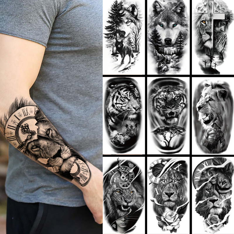 Wolf Jewelry & Watches Tampa Reviews - 男性と女性のための一時的な入れ墨のステッカー,大きな虎,ライオン,オオカミ,腕,クール,黒,動物,偽のデザイン