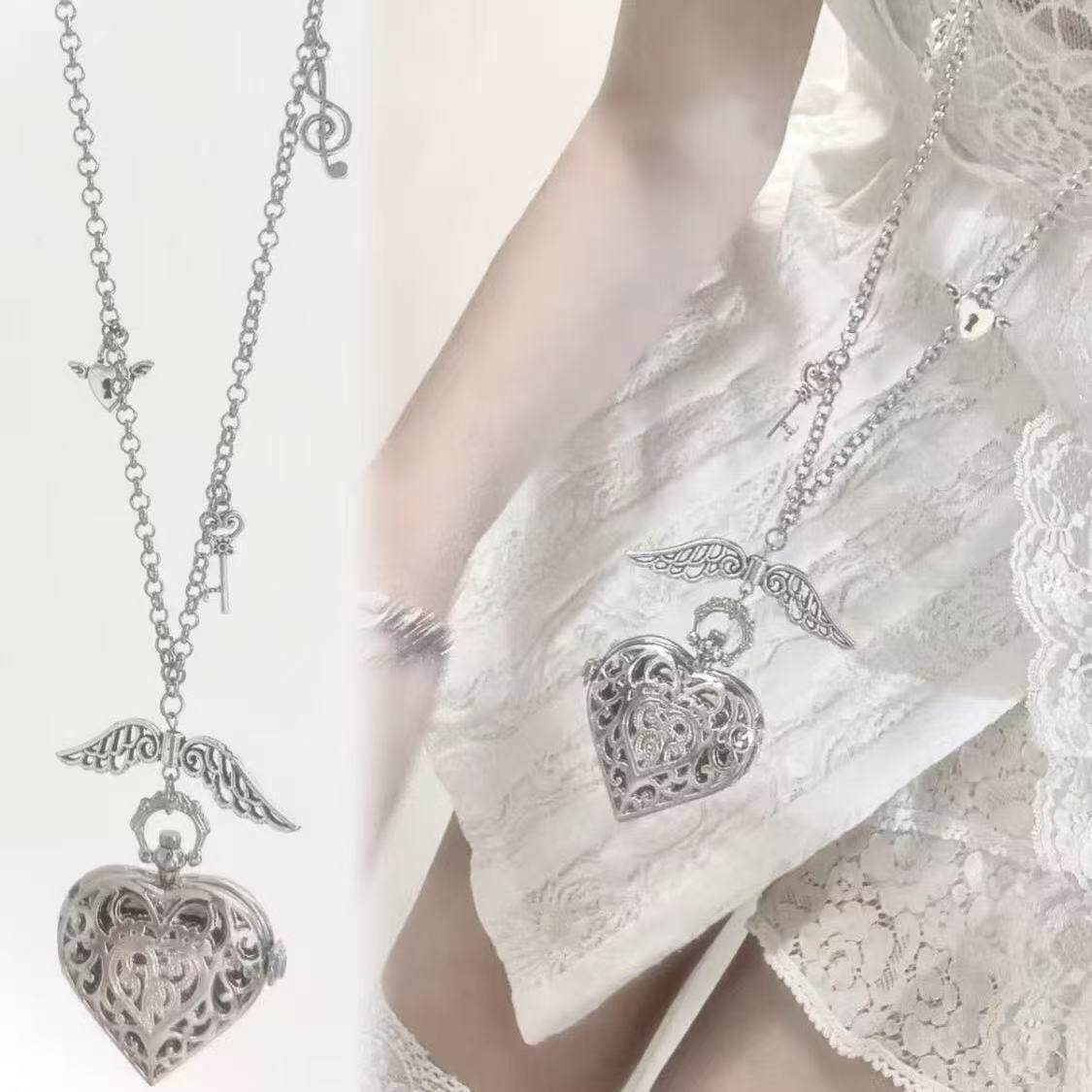 Vintage Jewelry Watches Women - Y2K ホローハート懐中時計チェーンネックレスデザインスチームパンク時計ヴィンテージペンダントジュエリーキーホルダー時計バレンタインデーギフト