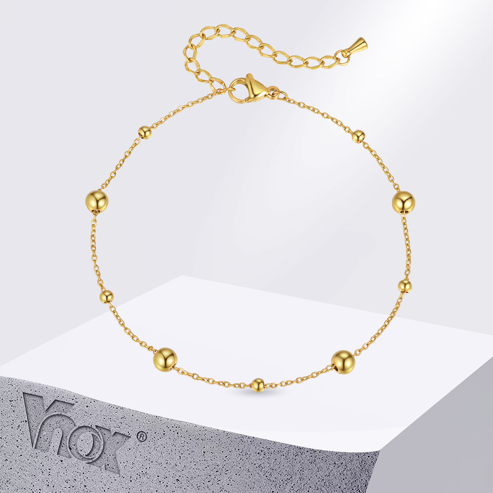 Jc Jewelry & Watches - Vnox ステンレススチール製スモールビーズアンクレット、シンプルなゴールドカラー 21-26cm 調節可能なチェーンフットブレスレット、ファッションジュエリーギフト
