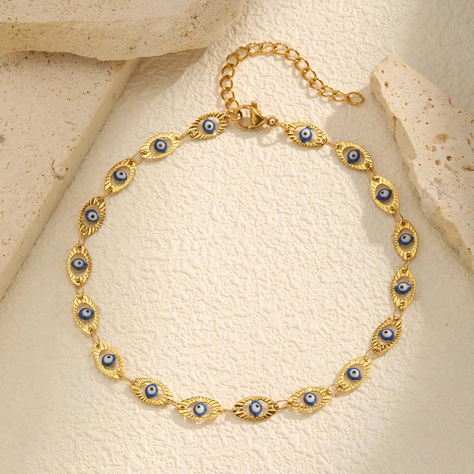 Jc Jewelry & Watches - 邪視除けアンクレットブレスレット レディース 調節可能 防水 金メッキ ステンレススチール