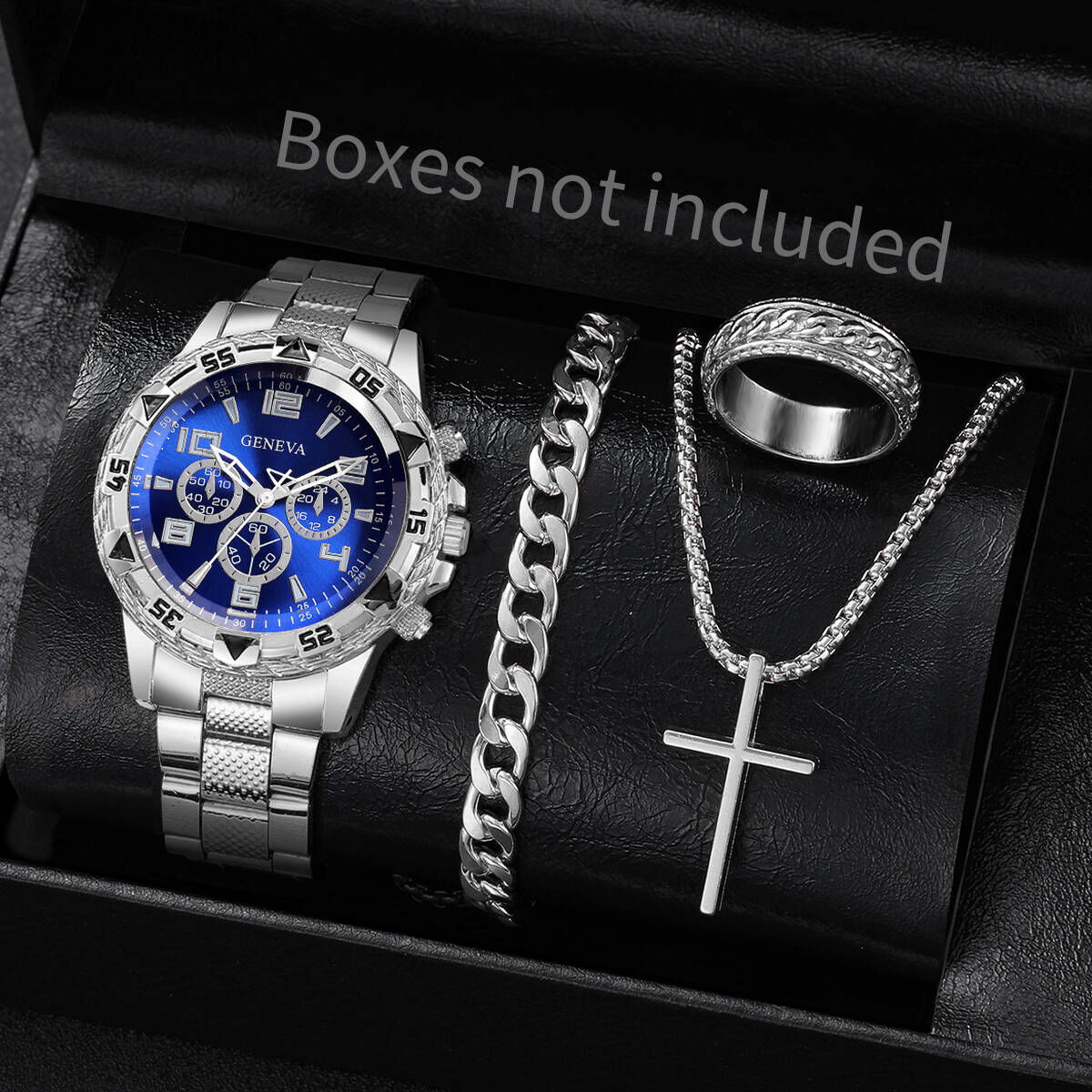 Jewelry Type Watches - 4 ピース/セットファッションメンズビジネスウォッチ高級ビッグダイヤルクォーツ時計男性用時計ジュエリーセットリロイ Hombre（箱なし）