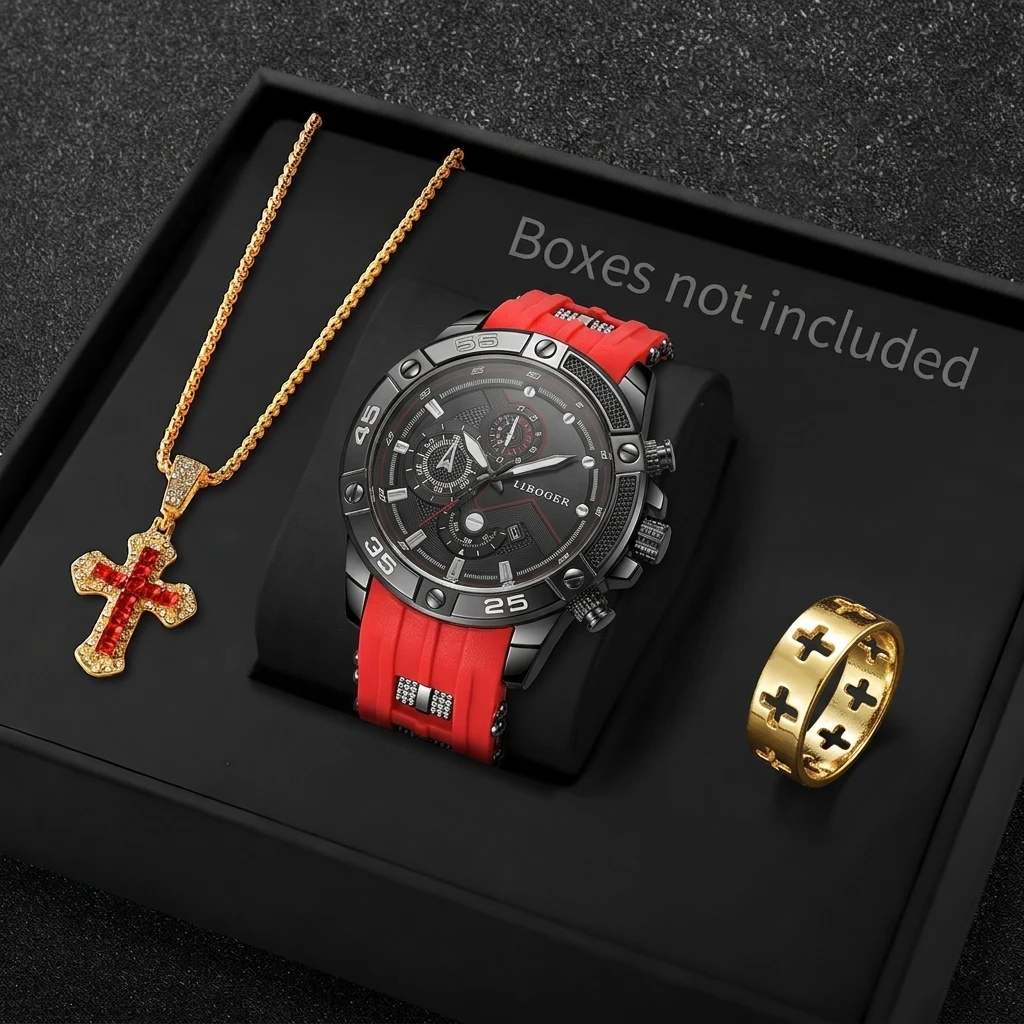 Jewelry Type Watches - 3 個ファッション男性スポーツウォッチクロスジュエリーセットカジュアルシリコンストラップ男性腕時計アクセサリーレロジオ Masculino (箱なし)