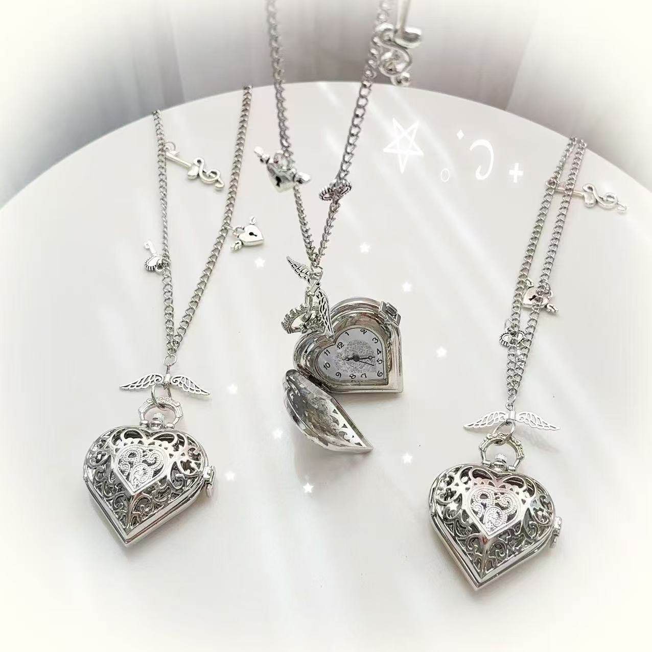 Y2K ホローハート懐中時計チェーンネックレスデザインスチー - Vintage Jewelry Watches Women のレビューと価格