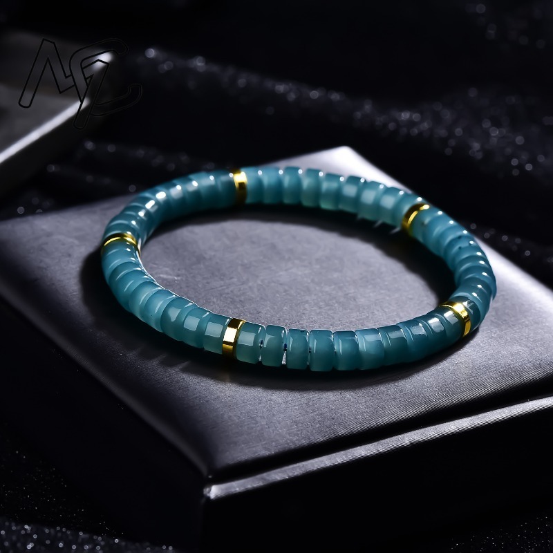 天然翡翠ブルーウォーターそろばんビーズスペーサーブレスレット - Jewelry & Watches Sp Zo O のレビューと価格